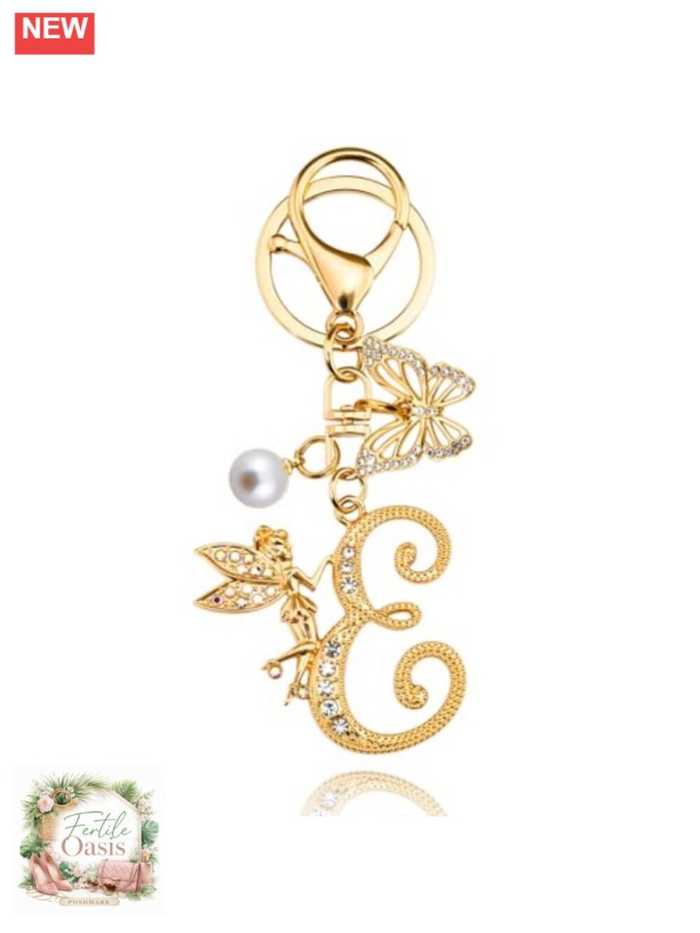 Initial Keychain Bag Charm Women Purse Charm Gold Stainless Steel Butterfly